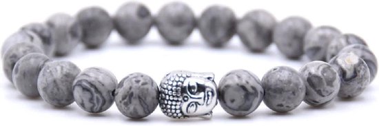 Armband met grijze jasper kralen en een zilverkleurig Boeddha hoofd.