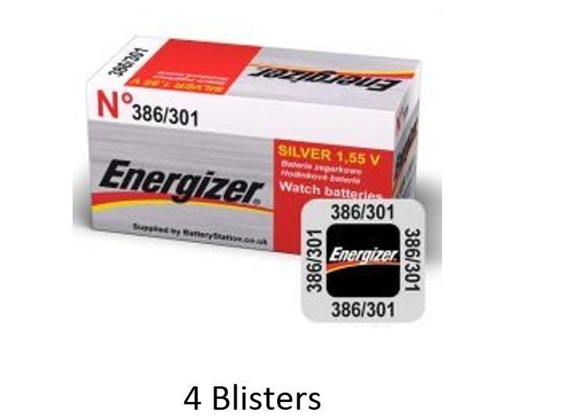 4 stuks (4 blisters a 1 stuk) Energizer Zilver Oxide Knoopcel batterij 301/386