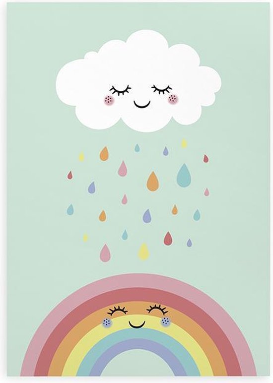 Poster kinderkamer wolkje wit regen regenboog schattig babykamer A4