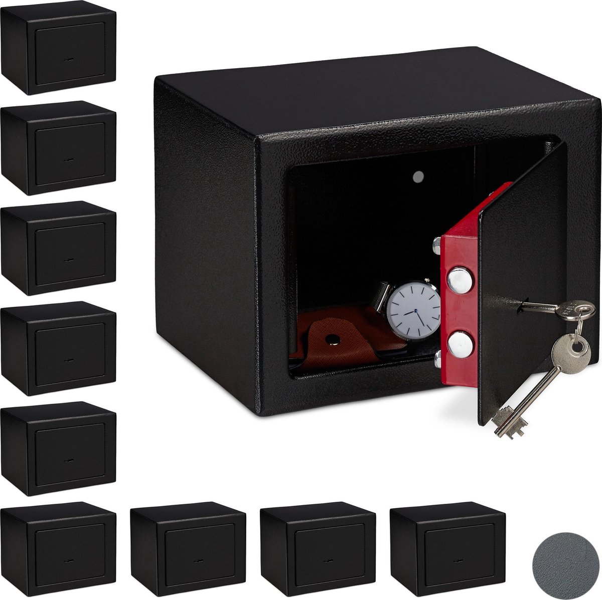 Relaxdays 10 x kluisje met sleutel - kluis voor thuis - privékluis - mini safe - zwart
