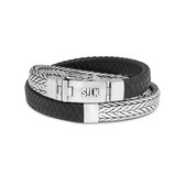 SILK Jewellery - Zilveren Wikkelarmband - 362BLK.19 - zwart leer - Maat 19