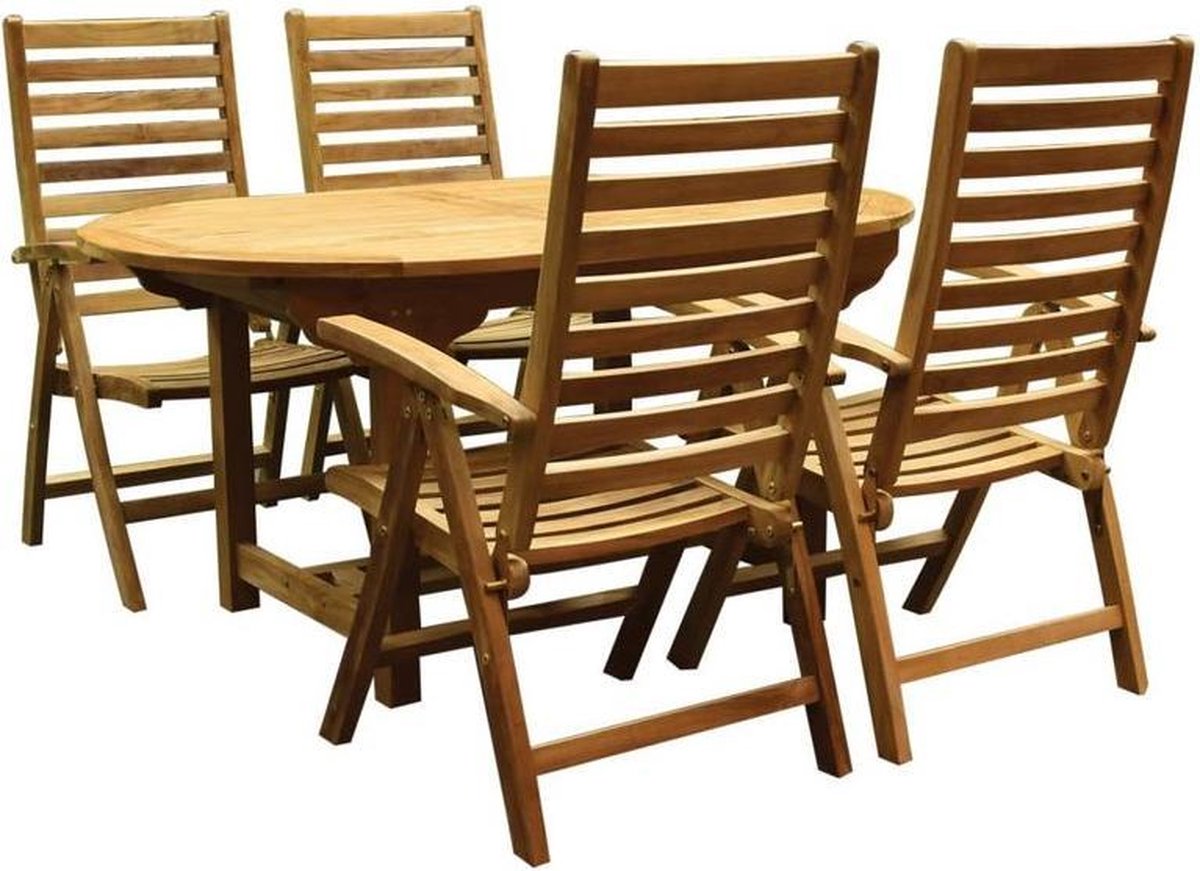 Uitschuifbare teak dining tuinset met ovale tafel en 5 stoelen.