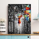 Canvas Schilderij * Vrouw met Paraplu in Regenachtige Nacht * - Modern Realistisch - Kleur - 50 x 70 cm