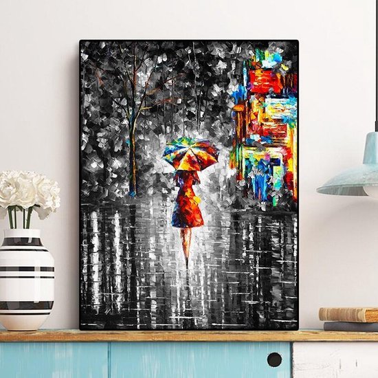 Canvas Schilderij * Vrouw met Paraplu in Regenachtige Nacht * - Modern  Realistisch -... | bol.com
