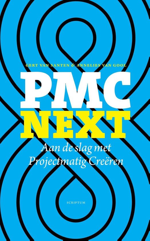 Boekomslag PMC NEXT, Aan de slag met Projectmatig Creëren, met blauwe achtergrond en zwart-witte patronen.