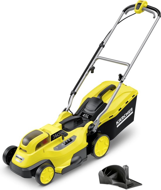 Gele en zwarte Kärcher grasmaaier met 45L opvangbak en 36cm snijbreedte.