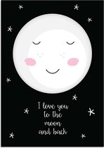 DesignClaud I love you to the moon and back - Maan - Zwart wit A2 + Fotolijst wit