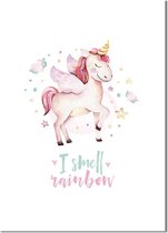 DesignClaud Unicorn / Eenhoorn poster - I smell rainbow - Kinderkamer poster - Babykamer poster - Decoratie - Roze A2 + Fotolijst wit