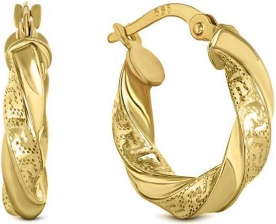 Juwelier Emo - Boucles d'oreilles Wokkel en or jaune 14 carats pour femmes - Traitement Meandros - 17 mm