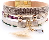 Leren Wikkelarmband Natures colors, Strass, Kraaltjes, Tassel