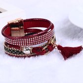 Wikkelarmband Strass, Kraaltje, Ringetjes, Touw, Tassel, Rood