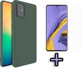 HB Hoesje Geschikt voor Samsung Galaxy A51 - Siliconen Back Cover & Glazen Screenprotector - Donker Groen