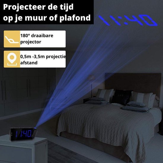 Slimme elektronische lcd digitale laserprojectie wekker met weer slaapkamer klok binnentemperatuur vochtigheid monitor USB-oplader poort, 12/24 uur, snooze, 4 dimmer,Black