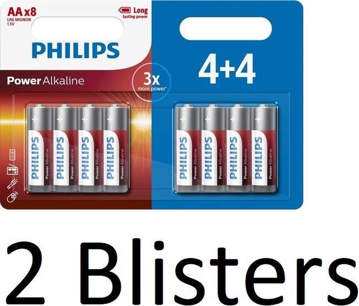 16 Stuks (2 Blisters a 8 st) Philips Power Alkaline AA Batterij 4+4