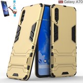 Samsung Galaxy A70 Kickstand Shockproof Goud Cover Case Hoesje - 1 x Tempered Glass Screenprotector A3TBL