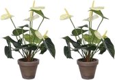 2x Witte Anthurium kunstplanten 40 cm in grijze plastic pot - Kunstplanten/nepplanten