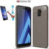 Samsung Galaxy A6 2018 Carbone Brushed Tpu Grijs Cover Case Hoesje - 1 x Tempered Glass Screenprotector