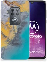 Motorola One Zoom TPU Siliconen Hoesje Marmer Blauw Goud