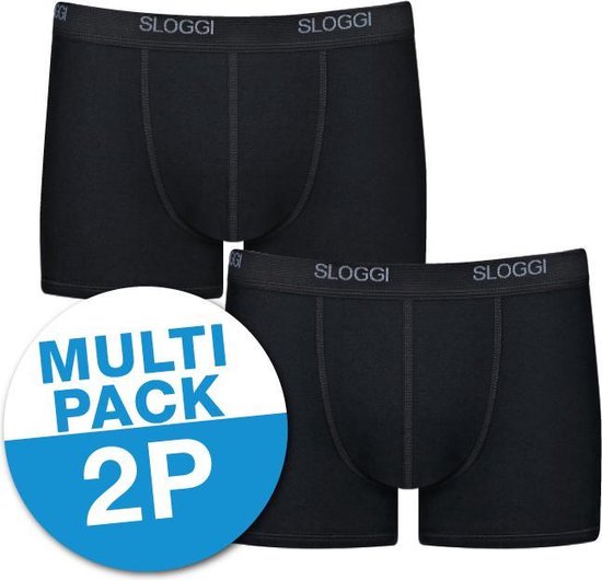 Twee zwarte Sloggi Basic shorts met grijze tailleband met logo. Een blauwe cirkel geeft 'MULTIPACK 2P' aan.