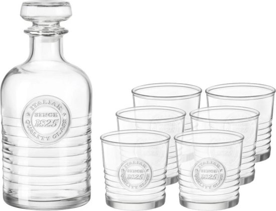 Glazen whisky/water karaf set 1 liter met 6 glazen 300 ml - Retro stijl whiskey fles - Whiskykaraf/whiskyfles met structuur in glas - Merkloos