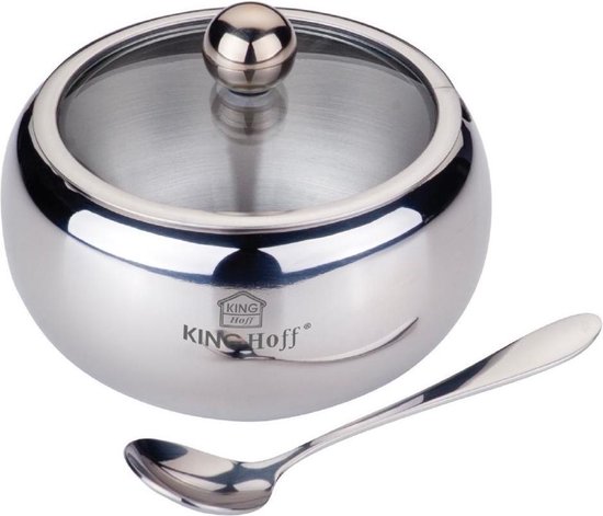 Zilverkleurige roestvrijstalen suikerpot met glazen deksel en een lepel. De pot heeft een satijnachtige afwerking en een ronde, glimmende knop op het deksel.