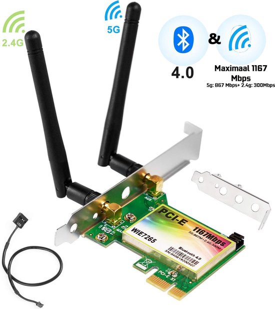 PCI-E Netwerkkaart/ Wifi & Bluetooth/ AC7265/ 6dBi Antenne/ Dual-Band  (5G/2.4G) | bol.com