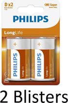 4 Stuks (2 Blisters a 2 st) Philips Longlife Zinc D Batterijen