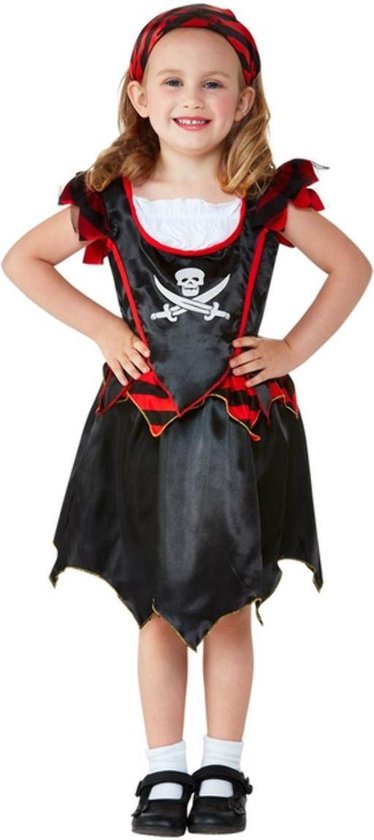 Smiffy's - Piraat & Viking Kostuum - Kleine Piraat Zoekt De Schatkist - Meisje - Rood, Zwart - Maat 116 - Carnavalskleding - Verkleedkleding