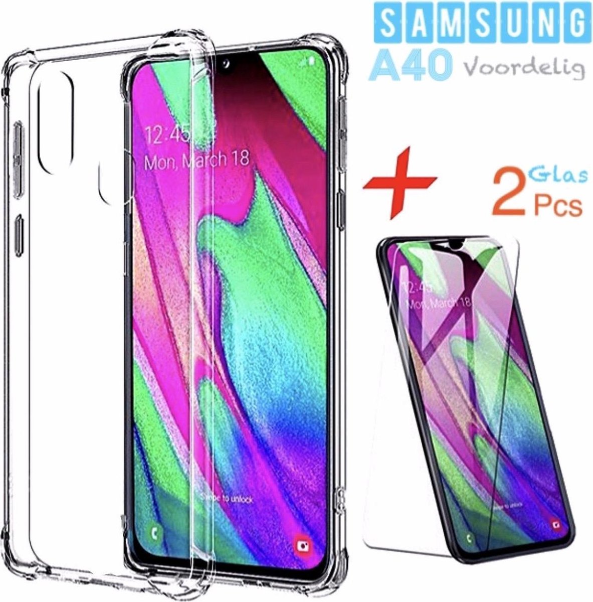 SAMSUNG A40 Power shock Hoesje Transparant (Siliconen TPU Soft Case) + 2Pcs Screenprotector Tempered Glass - Eff Pro