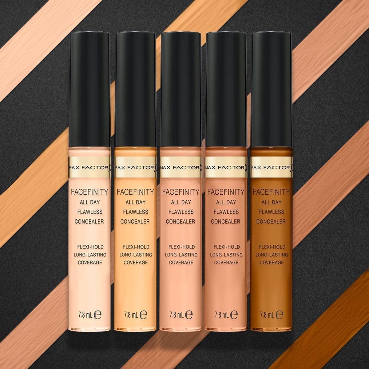 Max Factor Facefinity All Day Flawless Concealer met applicator, de flacon bevat een perzikkleurige foundation.