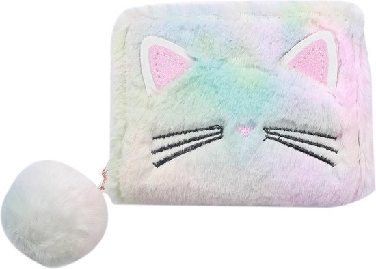 Dielay - Portemonnee - Fluffy Kitten en Pompon - Ritssluiting - 13x10x2,5 cm - Multicolor