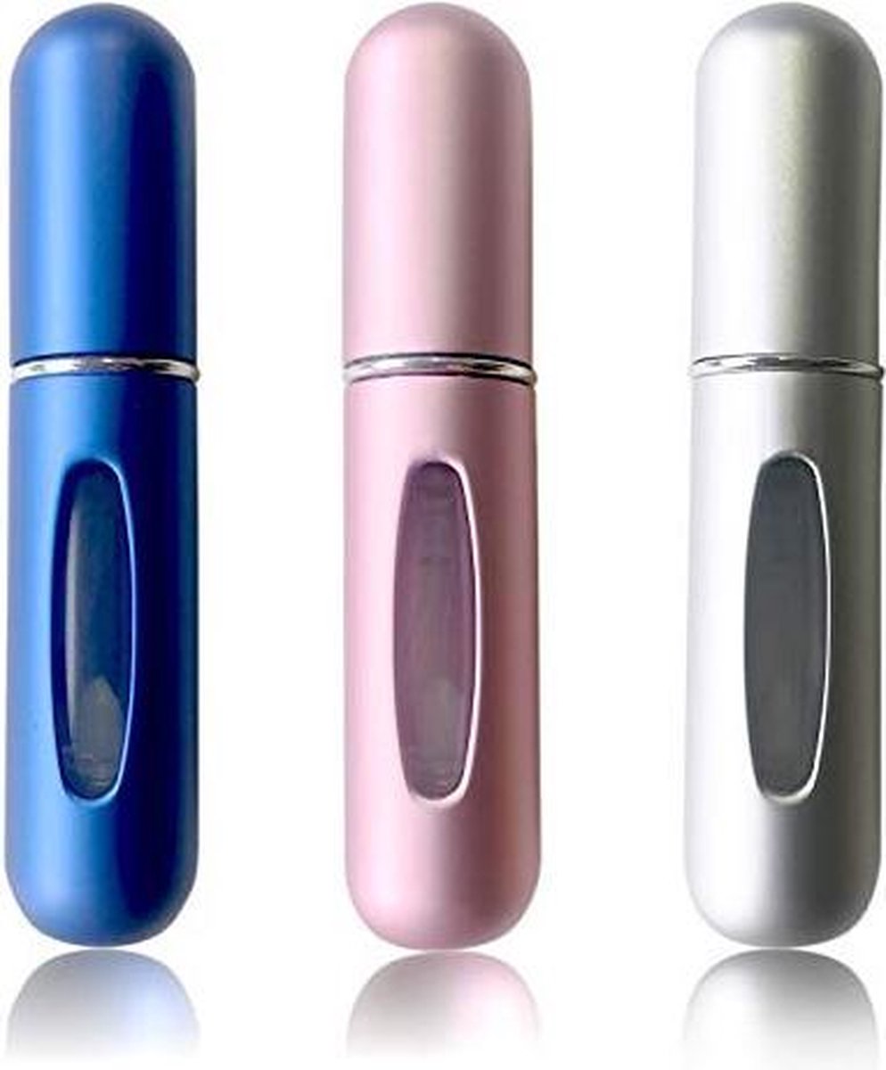 Parfum verstuivers Blauw - Grijs -Lichtroze| 3-pack x2 | 2+1 GRATIS! |Navulbaar 5 ml / Meeneem Parfum Flesje | Handig voor in de tas | Hervulbaar | Klein formaat | Makkelijk te gebruiken