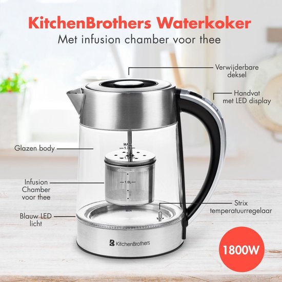 KitchenBrothers Elektrische Waterkoker - 1,7L - met Theefilter - Glas - RVS  | bol.com