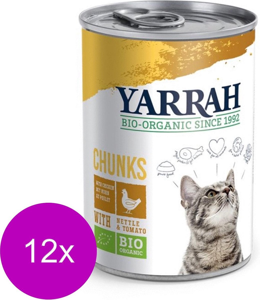 12x Yarrah Bio Kat Blik Chunks - Kip - Kattenvoer - 405g