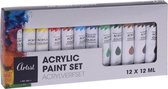 Acrylverf tubes in 12 kleuren 12 ml - Hobby/knutselmateriaal - Schilderij maken - Verf op waterbasis - Verschillende kleuren