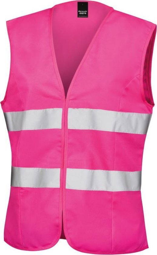 Felroze veiligheidsvest met rits en reflecterende zilveren strepen.