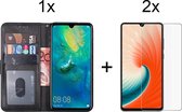 Huawei mate 20 hoesje bookcase met pasjeshouder zwart wallet portemonnee book case cover - 2x Huawei Mate 20 Screenprotector