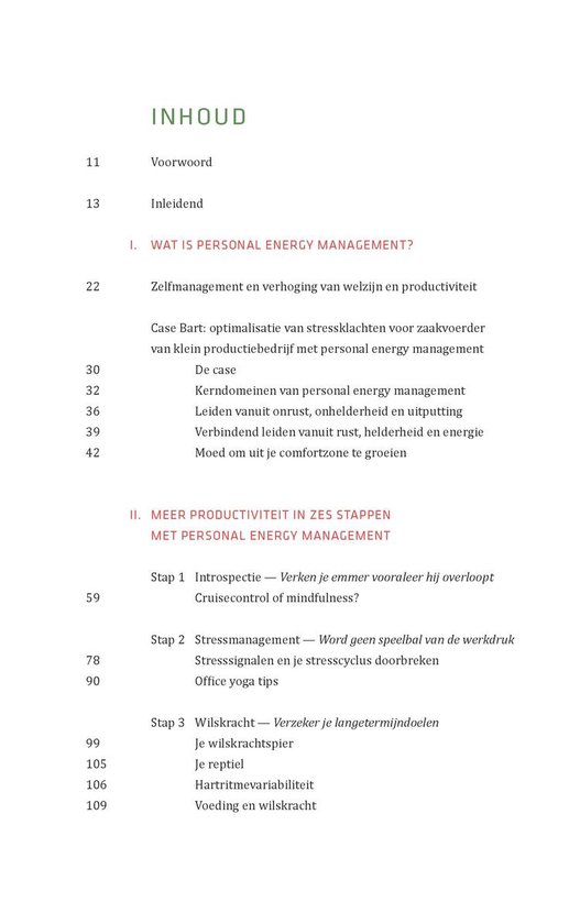Tekstpagina uit een boek met inhoudsopgave, waaronder 'Voorwoord', 'Inleidend' en 'I. WAT IS PERSONAL ENERGY MANAGEMENT?'.