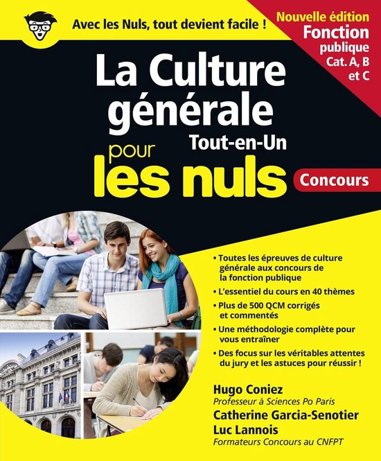 Couverture du livre 'La Culture générale pour les nuls - Concours Fonction publique'. Avec des étudiants qui étudient.