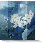 Fine Asianliving Chinees Kamerscherm Oosters Scheidingswand B160xH180cm 4 Panelen Lotuspond Blauw