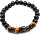 Armband heren - kralen - enkel snoer - zwart glimmend - bruin tijgeroog en donker glimmende bedels - 8 mm - 20 cm - heren - unisex - model N - Cadeau