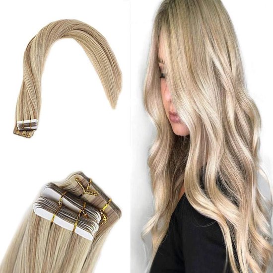 Tape Hair Extensions 50gram 45cm kleur 18/613 blond mix 100%Echt haar beste  kwaliteit | bol.com