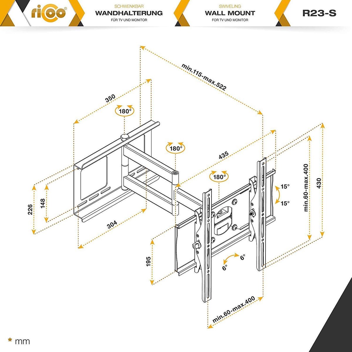 RICOO Support TV Mural 32-55 S5244 Pouces (81-140cm) Orientable