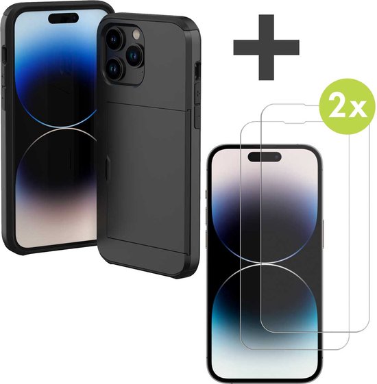 iMoshion Hoesje Met Pasjeshouder & 2X Screenprotector Gehard Glas Geschikt voor iPhone 14 Pro - Zwart