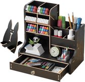 Updated wooden desk organizer with drawer, DIY desk organizer with large capacity, stationary storage box for home, office, and school (Jb17 black)