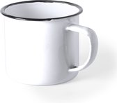 Tasse en émail - Tasse à café - Tasse à boire - Tasses à café avec oreille - Rétro - 380 ml - Métal - Wit