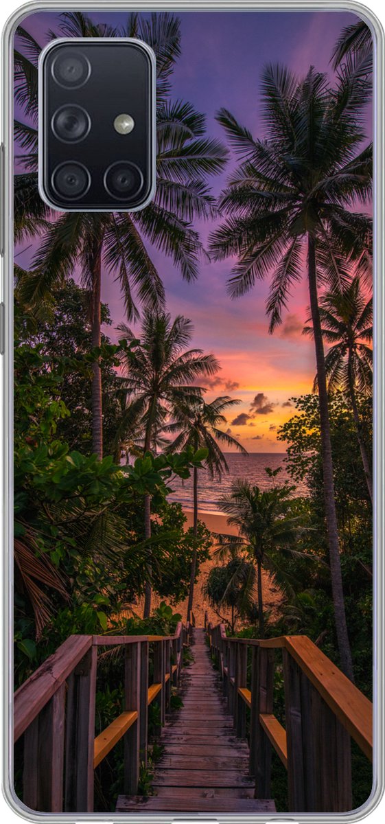 Telefoonhoesje Geschikt voor Samsung Galaxy A51 5G hoesje - Zonsondergang - Palmbomen - Strand - Siliconen Telefoonhoesje Telefoonhoesje