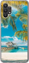 Geschikt voor Samsung Galaxy A32 5G hoesje - Strand - Palmboom - Zee - Siliconen Telefoonhoesje