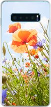 Geschikt voor Samsung Galaxy S10 Plus hoesje - Bloemen - Klaproos - Lente - Natuur - Rood - Blauw - Siliconen Telefoonhoesje