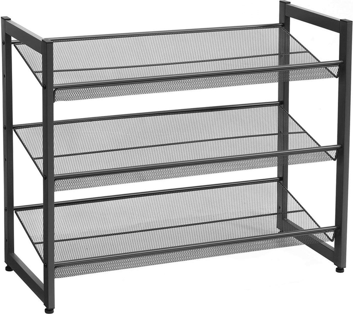Metalen Schoenenrek, met 3 Niveaus, Meshrek, Verstelbare Legplank, Plat of Schuine Planken, Stapelbaar Opbergrek, 74 x 62,8 x 30,7 cm, Zwart